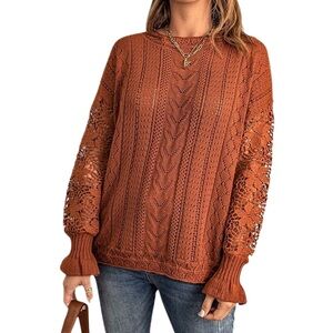 Crochet Lace Pointelle‎ Knit Hollow Out Pullover Crewneck Long Sleeve Sweater